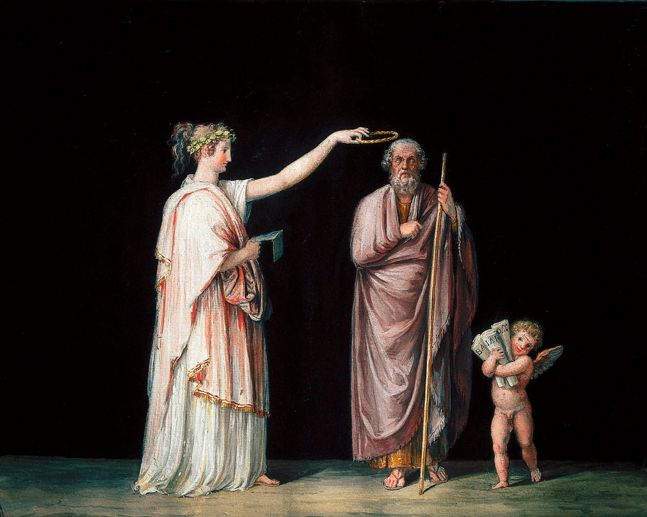 ミューズのカリオペとホメロス。アントニオ・カノーヴァ（1757-1822）によるテンペラ画、1798年頃。 作： アントニオ・カノーヴァ