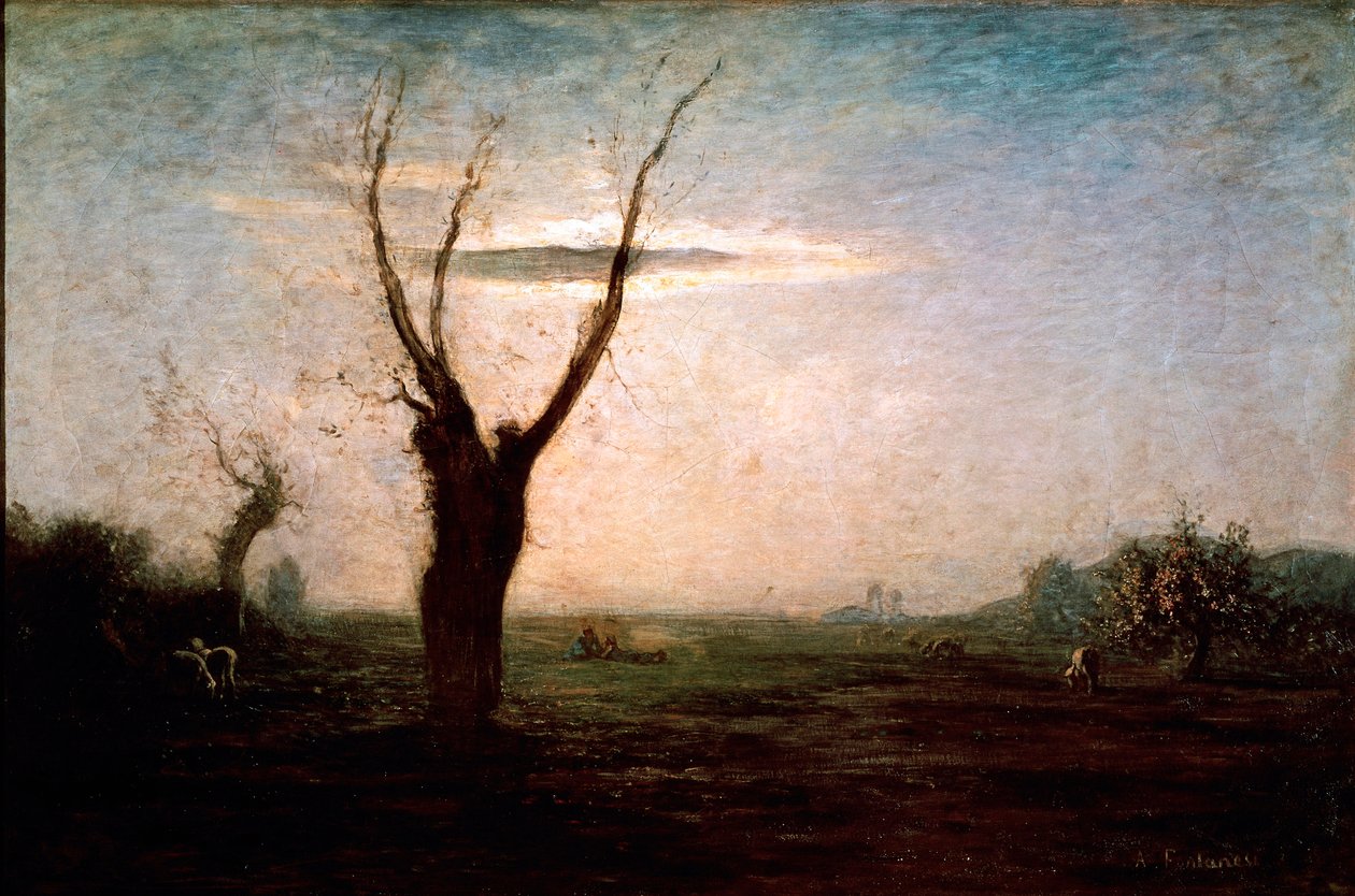 4月 まだ葉のない木がある晩冬の風景。アントニオ・フォンタネージ（1812-1882）の絵 作： アントニオ・フォンタネージ