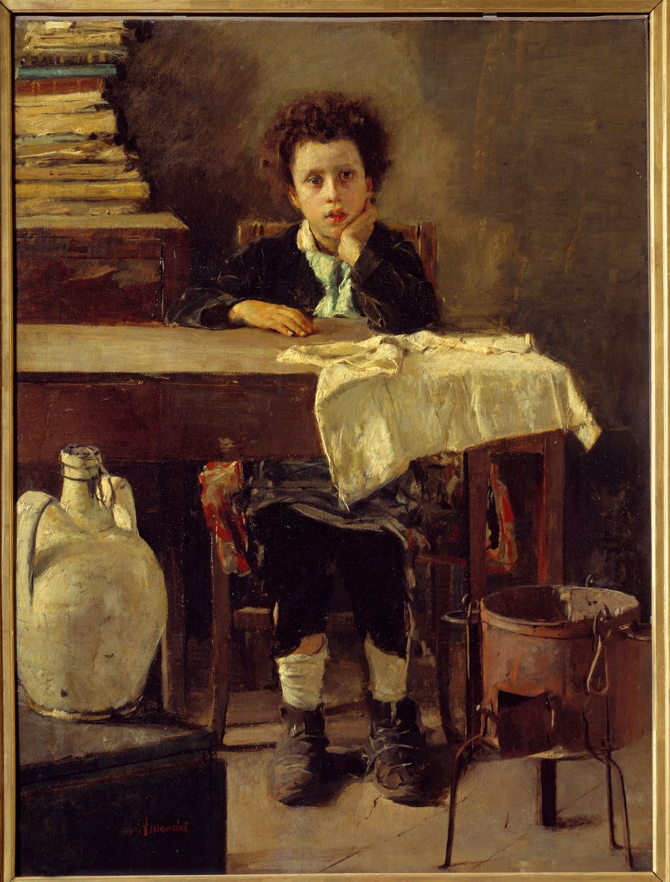 小さな学校の少年または貧しい学校の少年 アントニオ・マンチーニ（1852-1930）の絵画 19世紀 日1,3x0,97 m パリ、オルセー美術館 作： アントニオ・マンシーニ