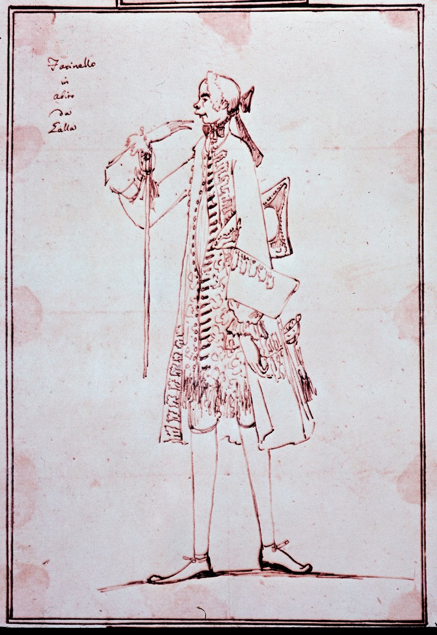 ファリネッリと呼ばれるカルロ・ブロスキ（1705-1782）の肖像 イタリアのカストラート（去勢者） アントン・マリア・ザネッティ（1680-1767）による漫画。18世紀。個人蔵。 作： アントニオ・マリア・ザネッティ