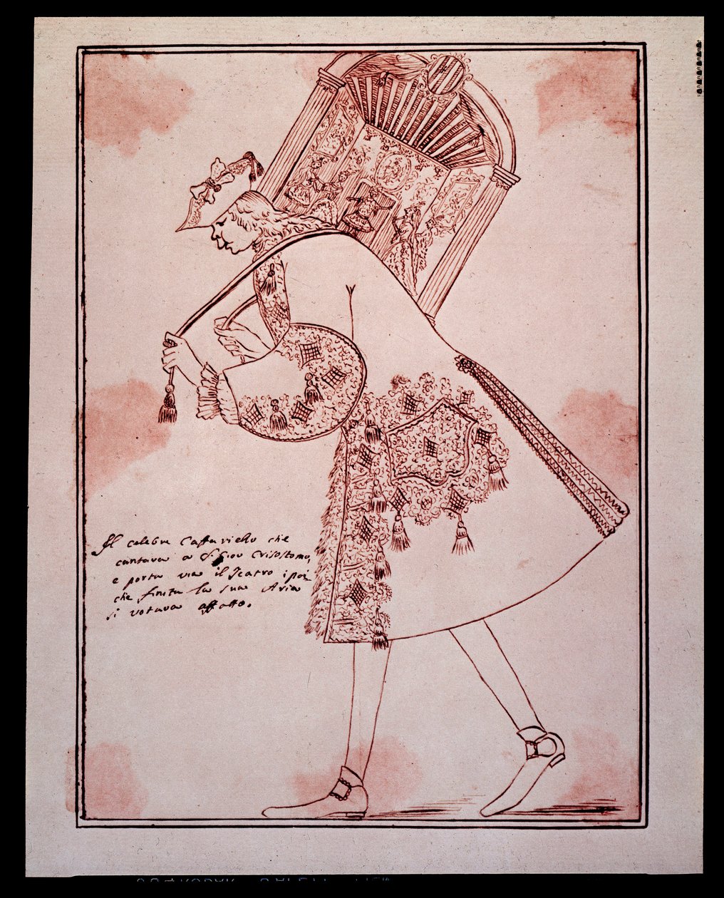 Porträt von Gaetano Majorana genannt Caffarelli (oder Cafarello, oder Gaffariello) (1710-1783) italienischer Kastrat (Kastrat), der das San Giovanni Grisostomo Theater verlässt Karikatur von Anton Maria Zanetti (1680-1767). 18. Jahrhundert. Private Sammlun von Antonio Maria Zanetti