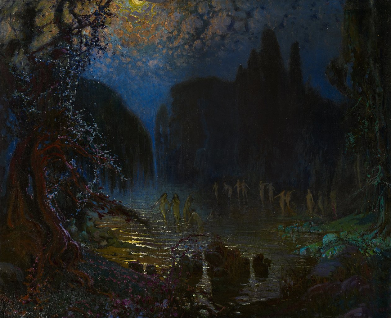 ニンフの入浴 - Munoz Degrain、Antonio (1840-1924) - c. 1915 - キャンバスに油彩 - 76,5x93,5 - カルメン・ティッセン美術館、マラガ 作： アントニオ・ムノス・デグレイン