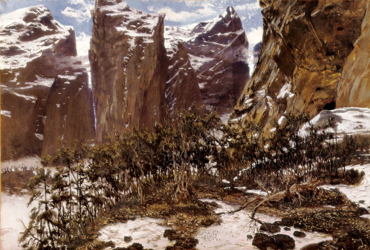 ロンセスバレス（スペイン語ではRoncesvalles）。北スペインの風景。Antoni MUNOZ i DEGRAIN（1841-1924）による絵画、19世紀後半。キャンバスに油彩。スペイン、バレンシア、Museo de Bellas Artes San Pio V. 作： アントニオ・ムノス・デグレイン