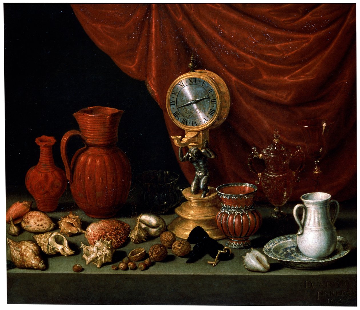 時計のある静物、1652年。 作： アントニオ・ペレダ・イ・サルガド