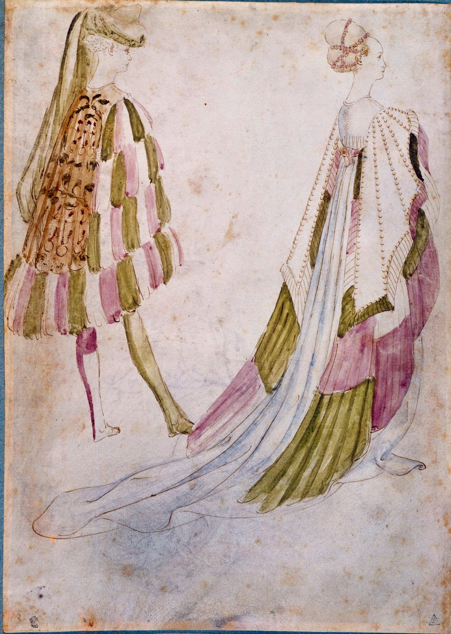 宮廷服を着た男と女 水彩、フェザー、ウォッシュ Antonio di Puccio Pisano dit Pisanello （1395年以前～1455年） 1450年 Sun.0,27x0,19 m シャンティ、コンデ美術館 作： アントニオ・ピサネッロ