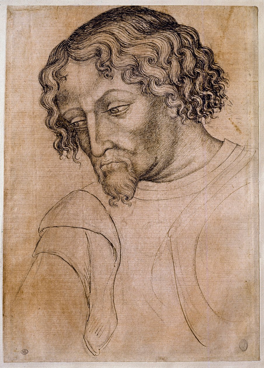 髭を生やした男性の胸像、4分の3の頭が左に傾いている。Antonio di Puccio Pisano dit Pisanello (1395-1455)の工房で描かれたもの。羽根（デッサン）、血。寸法：28x20cm。ルーヴル美術館、デッサン室 作： アントニオ・ピサネッロ