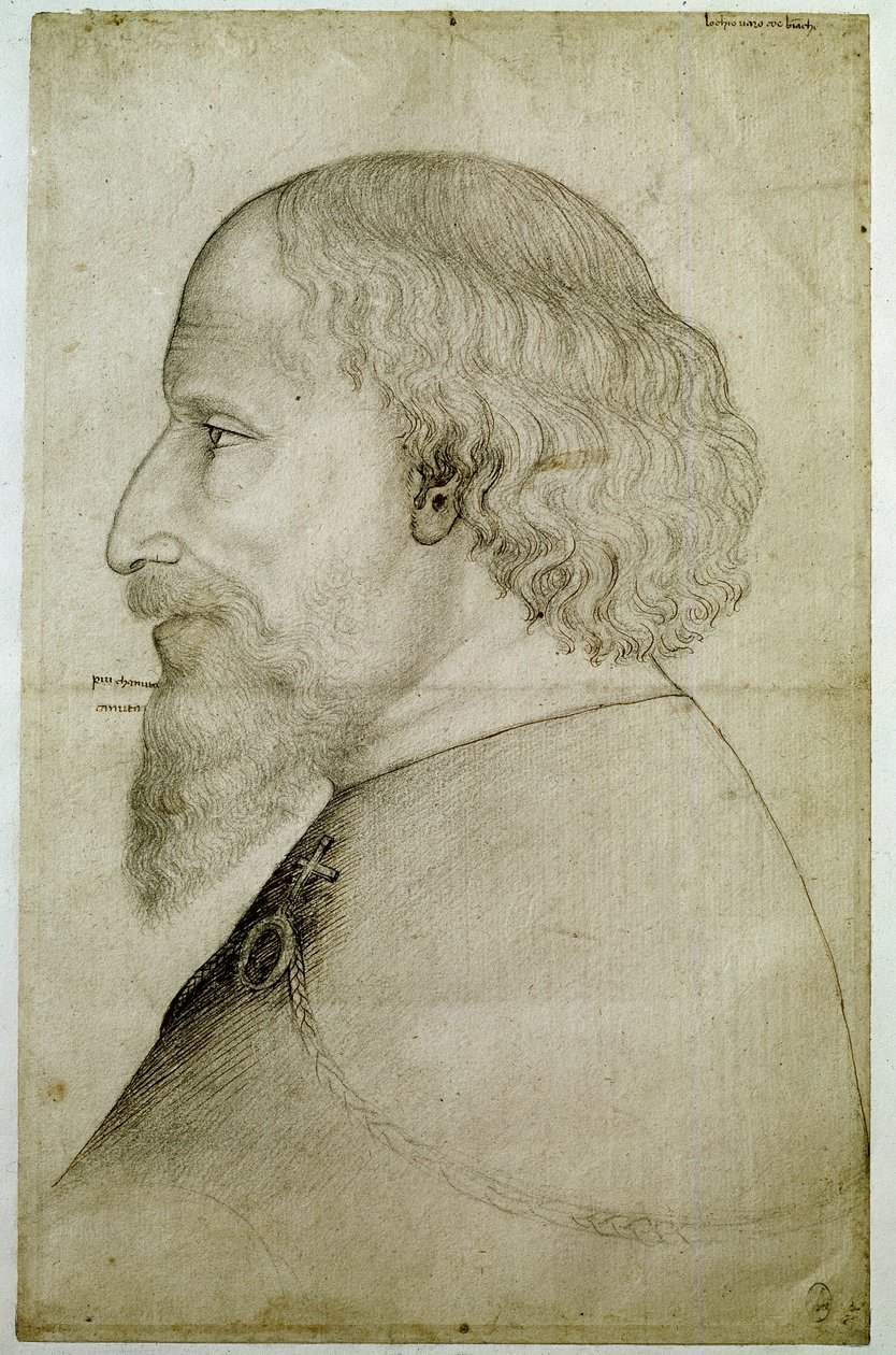 ルクセンブルク皇帝シギスムンド（1368-1437）、胸像、左横顔。Antonio di Puccio Pisano dit Pisanello（1395-1455年以前）によるデッサン。黒い石。寸法：41.1x55.9cm。 作： アントニオ・ピサネッロ