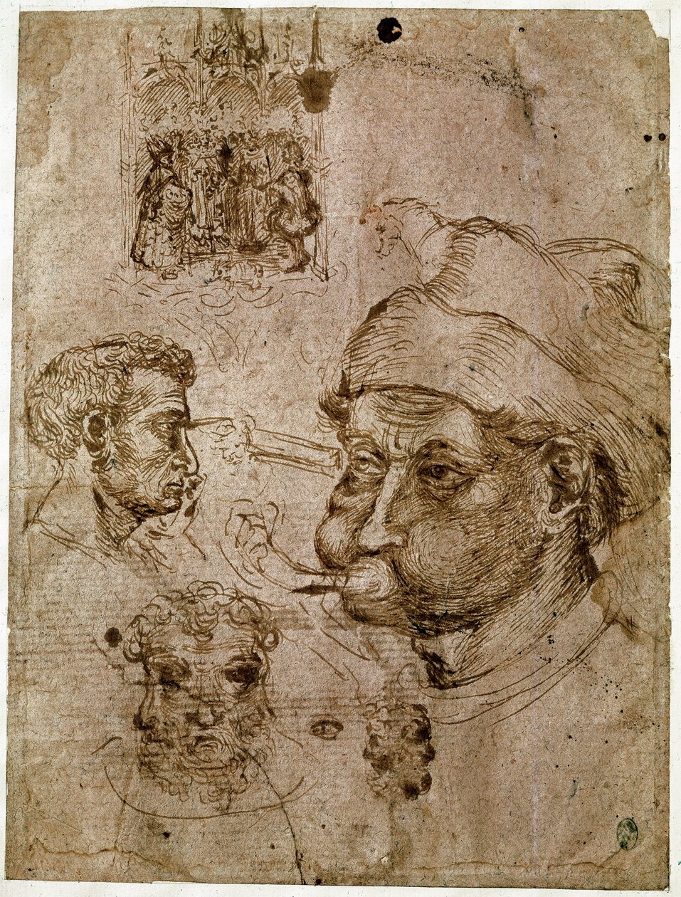 4人の男性の頭、そのうち2人は3つの顔を持つ。祭壇画。馬の絵。Antonio di Puccio Pisano dit Pisanello (1395-1455)の工房で描かれたもの。ブラウンインク、ペン（ドローイング）、血。寸法：27.1x20.5cm。ルーヴル美術館、メダイユの棚。 作： アントニオ・ピサネッロ