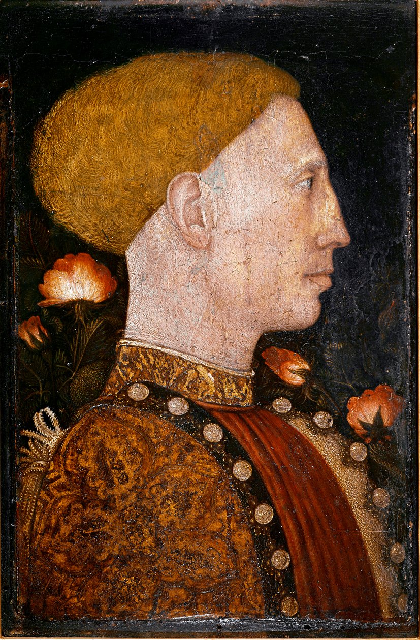 フェラーラ公爵、リオネル・デステ（レオネロ・デステ）（リオネロ）（1407-1450）の肖像。Antonio Pisano dit il Pisanello（1380-1455）の絵画 木に油彩。ディム：28x19cm。ベルガモ、カッラーラアカデミー 作： アントニオ・ピサネッロ