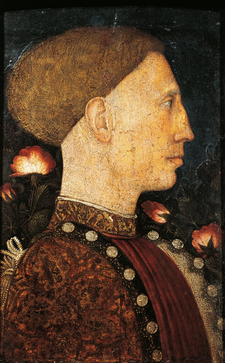 アントニオ・ピサーノ（ピサネロ）（1395年以前～1455年頃）による「リオネロ・デステの肖像」（1441年頃）、木にテンペラ、28x19cm 作： アントニオ・ピサネッロ