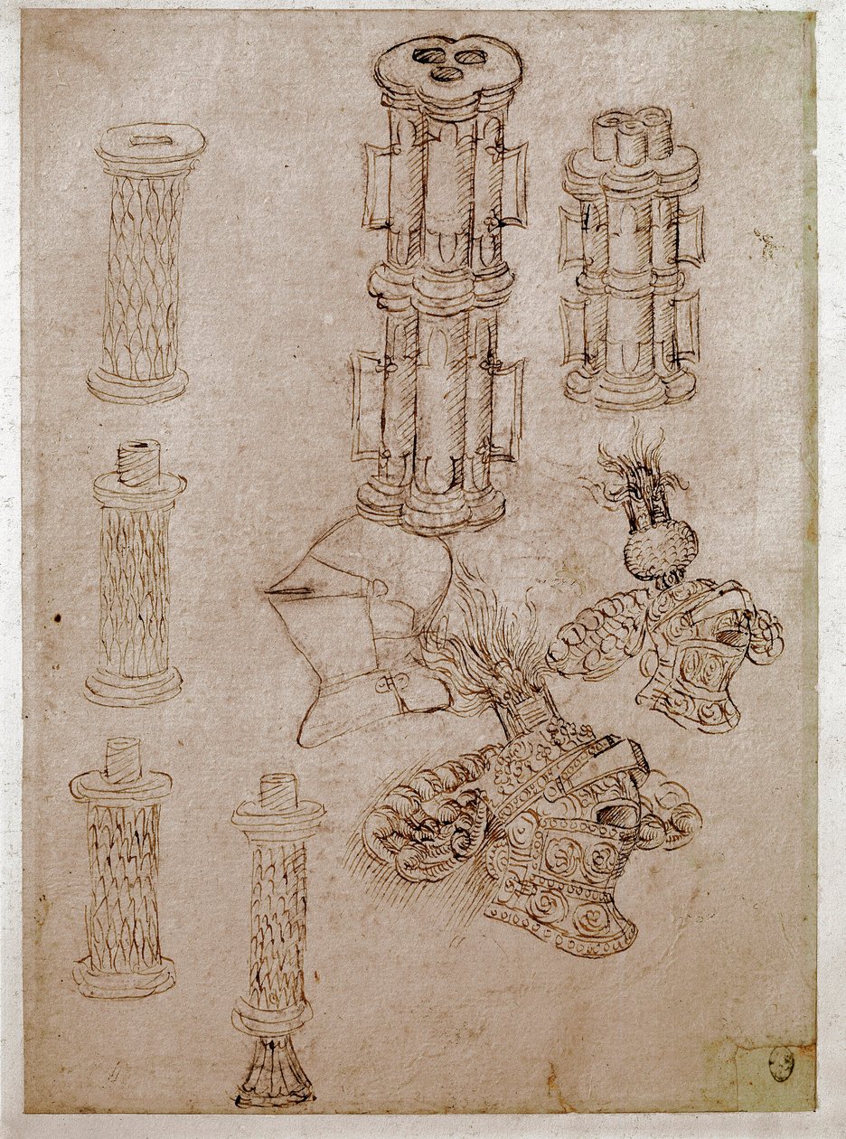 紋章を載せた3つの兜と、2つの銃の破片が分解されている。Antonio di Puccio Pisano dit Pisanello (1395-1455)によるドローイング 茶色のインク、黒い石、羽毛。寸法：28,7x20,6cm。ルーヴル美術館、デッサン室 作： アントニオ・ピサネッロ
