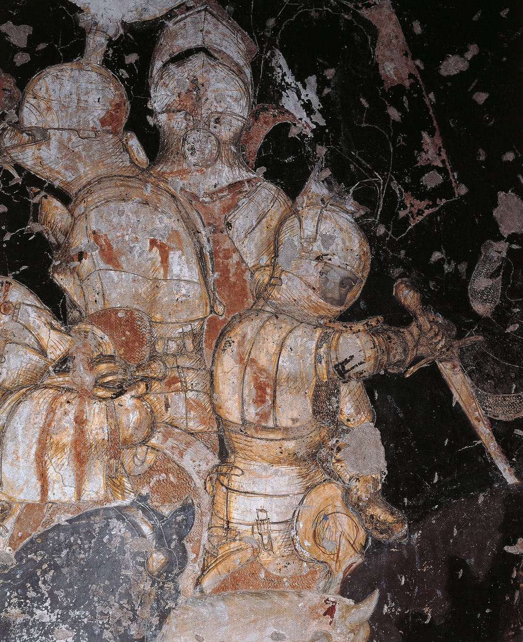 アントニオ・ピサーノ（ピサネッロ）（1395年以前～1455年頃）の《ルーヴェゼルプの戦い》フレスコ画、詳細、マンチュア、パラッツォ・ドゥカーレ 作： アントニオ・ピサネッロ