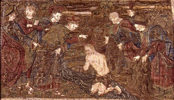 洗礼者ヨハネの洗礼を受けるキリスト、聖人の生涯を描いたタペストリー（織物） 作： アントニオ・ポッライオーロ