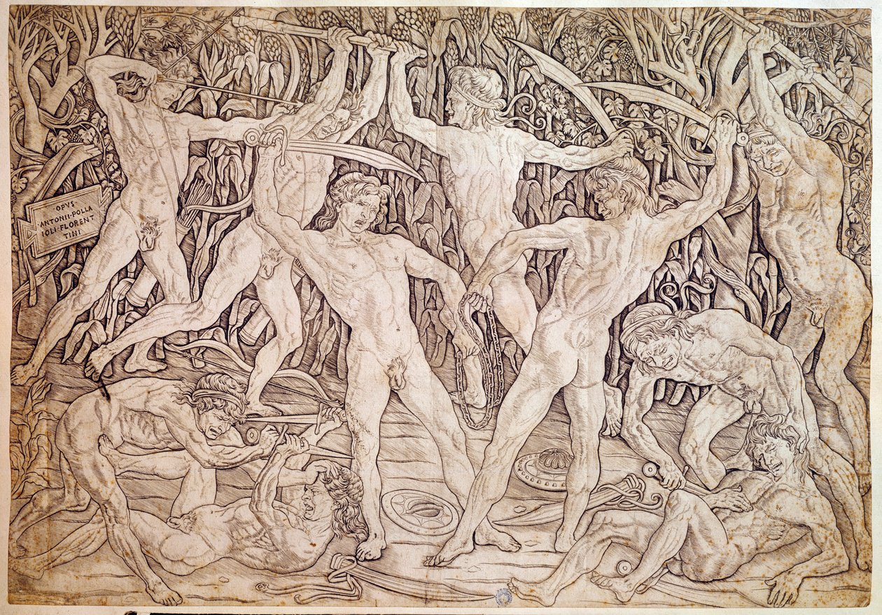 裸の男たちが戦う。Antonio Pollaiuolo (Pollaiolo) (1432-1498)によって彫られたもの。 作： アントニオ・ポッライオーロ