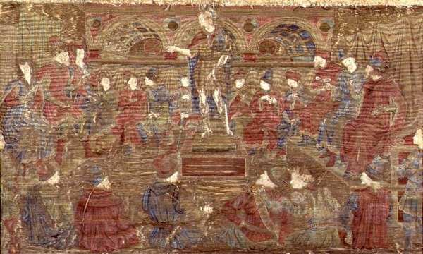 ヘロデを叱責する洗礼者ヨハネ、聖人の生涯の一場面を描いたタペストリー（織物） 作： アントニオ・ポッライオーロ