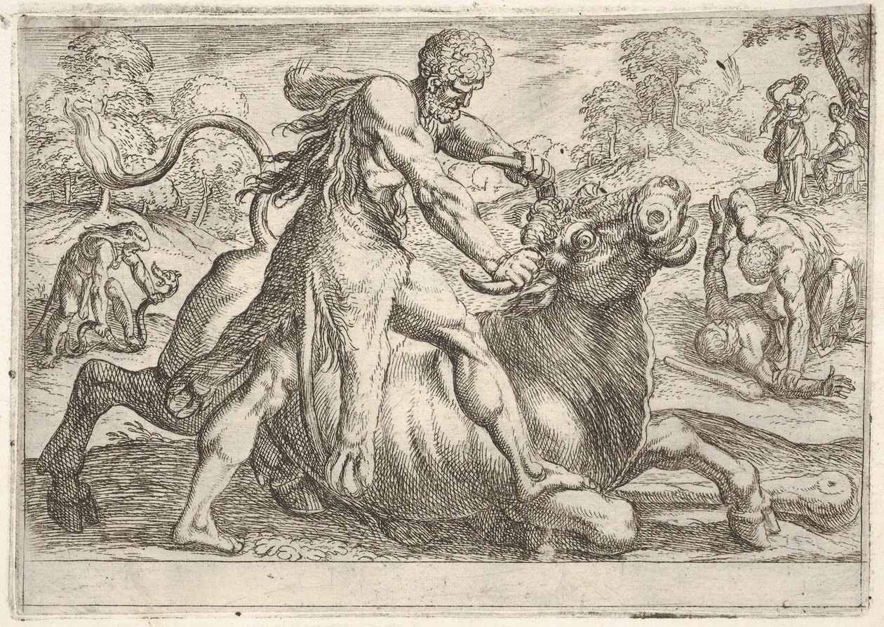 Hercules and Achelous：中央でヘラクレスは雄牛の角を掴みながら、彼の頭蓋骨を押します...、1608。 作： アントニオ・テンペスタ