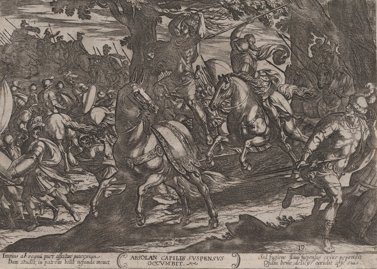 プレート 19: アブサロムを殺すヤコブ、『旧約聖書の戦い』より。 1...、約。 1590年頃 1610年。 作： アントニオ・テンペスタ