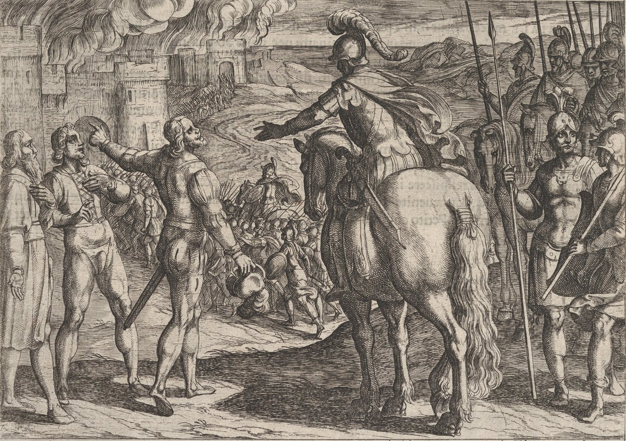 プレート 34: オランダの田園地帯を燃やすローマ人、『ローマ人に対する戦争』、1611 年。 作： アントニオ・テンペスタ