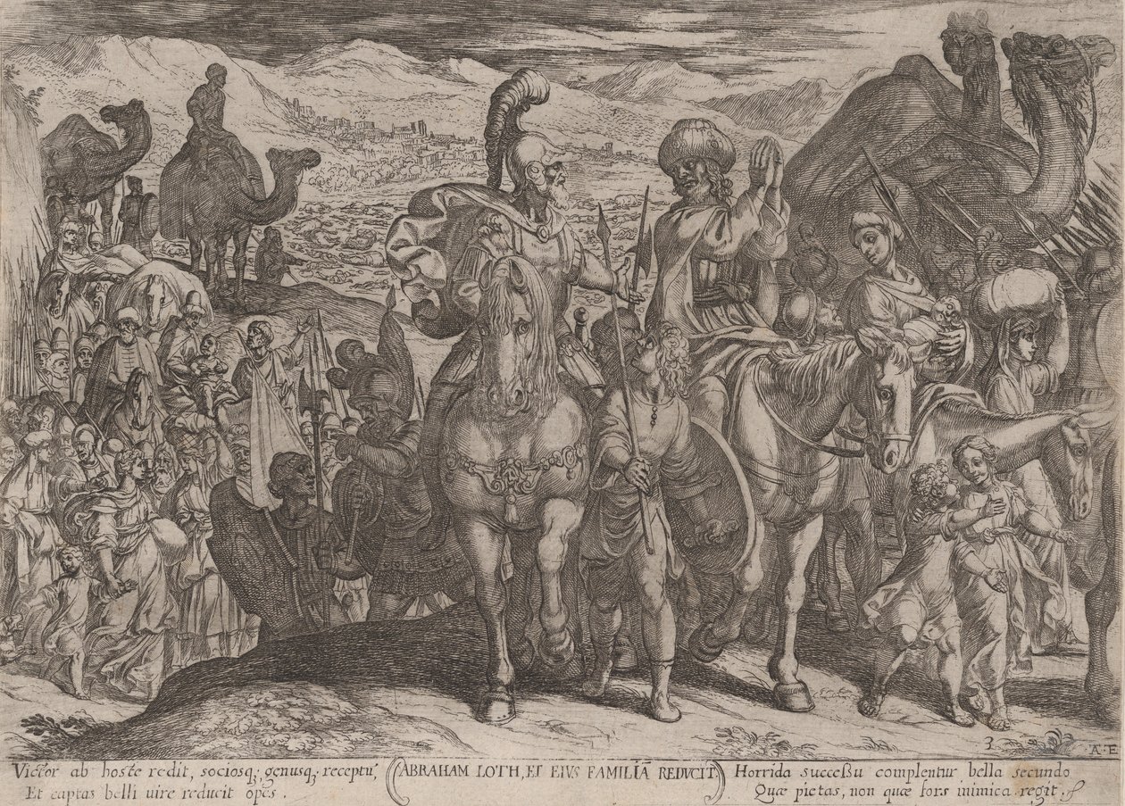 プレート 3: ロトとその家族を自分の土地に連れて行くアブラハム、「The Battles...」より。 1590年頃 1610年。 作： アントニオ・テンペスタ