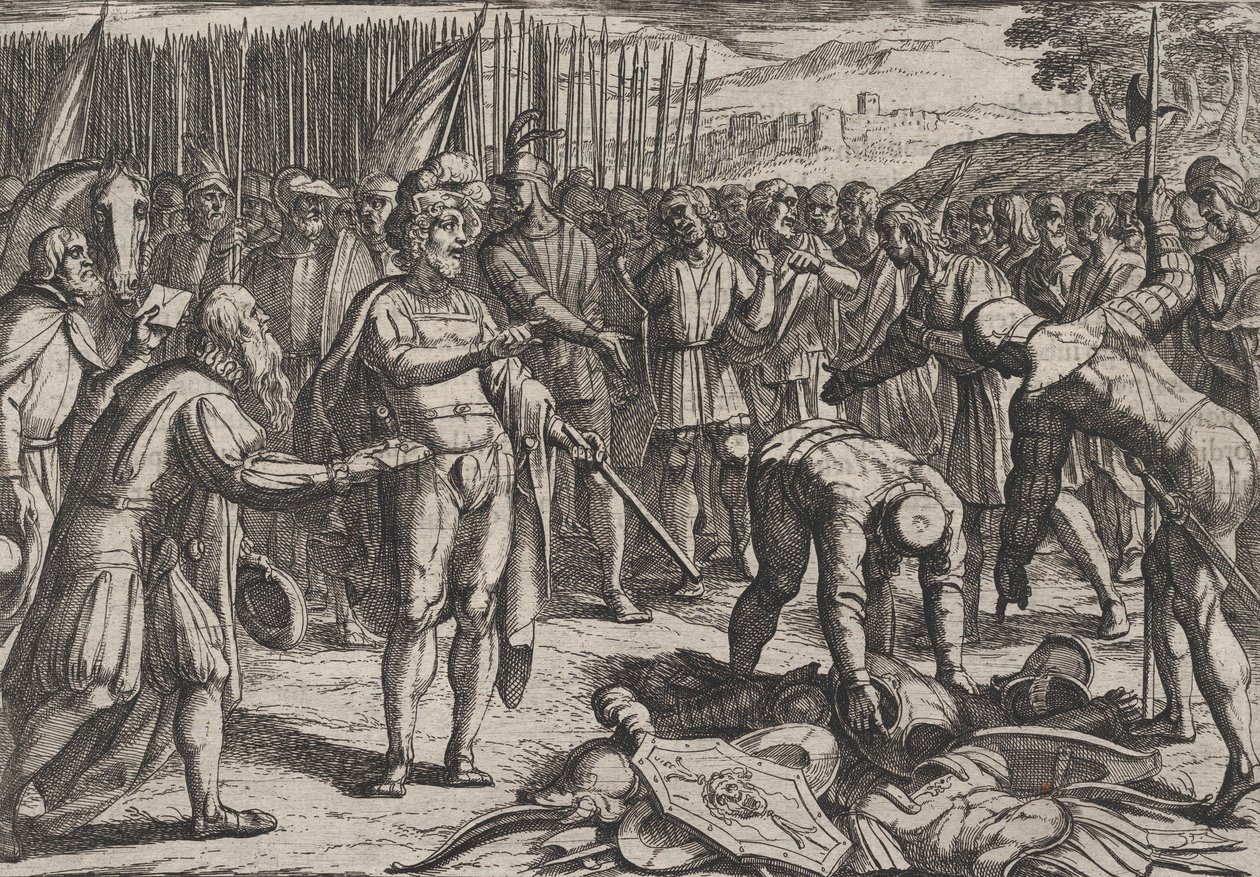 プレート 7: ドイツの使節がシビルスを訪問、『ローマ人のバタビア戦争に対する戦争』、1611 年。 作： アントニオ・テンペスタ