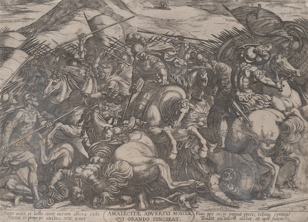 プレート 9: 「The Battles of the Old...」より、アマレク人と戦うイスラエル人。 1590年頃 1610年。 作： アントニオ・テンペスタ