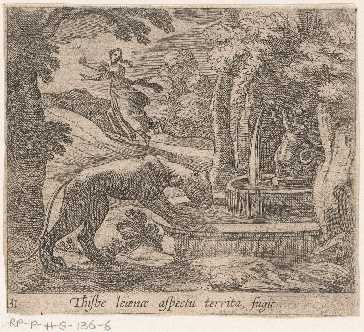 Thisbe vlucht voor the leeuwin by the bron Thisbe 領域の側面 fugit (オブジェクトのタイトル) 変身と変身（連載タイトル） The Metamorphoses of Ovid (シリーズタイトル) 作： アントニオ・テンペスタ