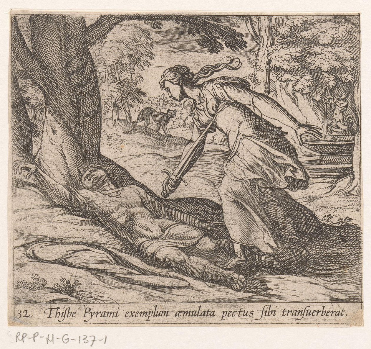 ゼルフムーア・ヴァン・ティスベ Thijsbe は Pyramus (オブジェクトのタイトル) の例の後に彼の胸を横断しました。 Metamorphoseon または変換 (シリーズ タイトル) Metamorfosen van Ovidius (シリーズタイトル) 作： アントニオ・テンペスタ