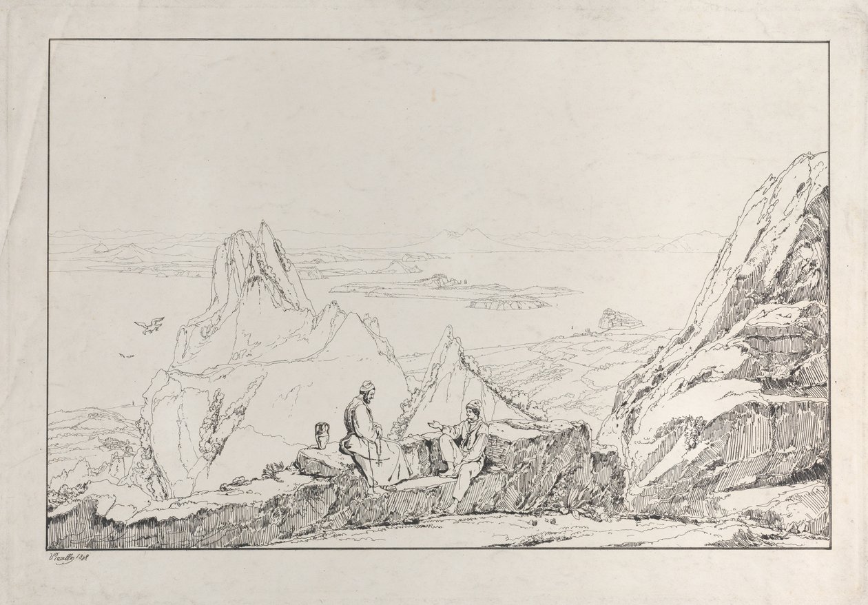 前景に 2 人の男性がいる山岳風景、1828 年。 作： アントニオ・ビアネッロ