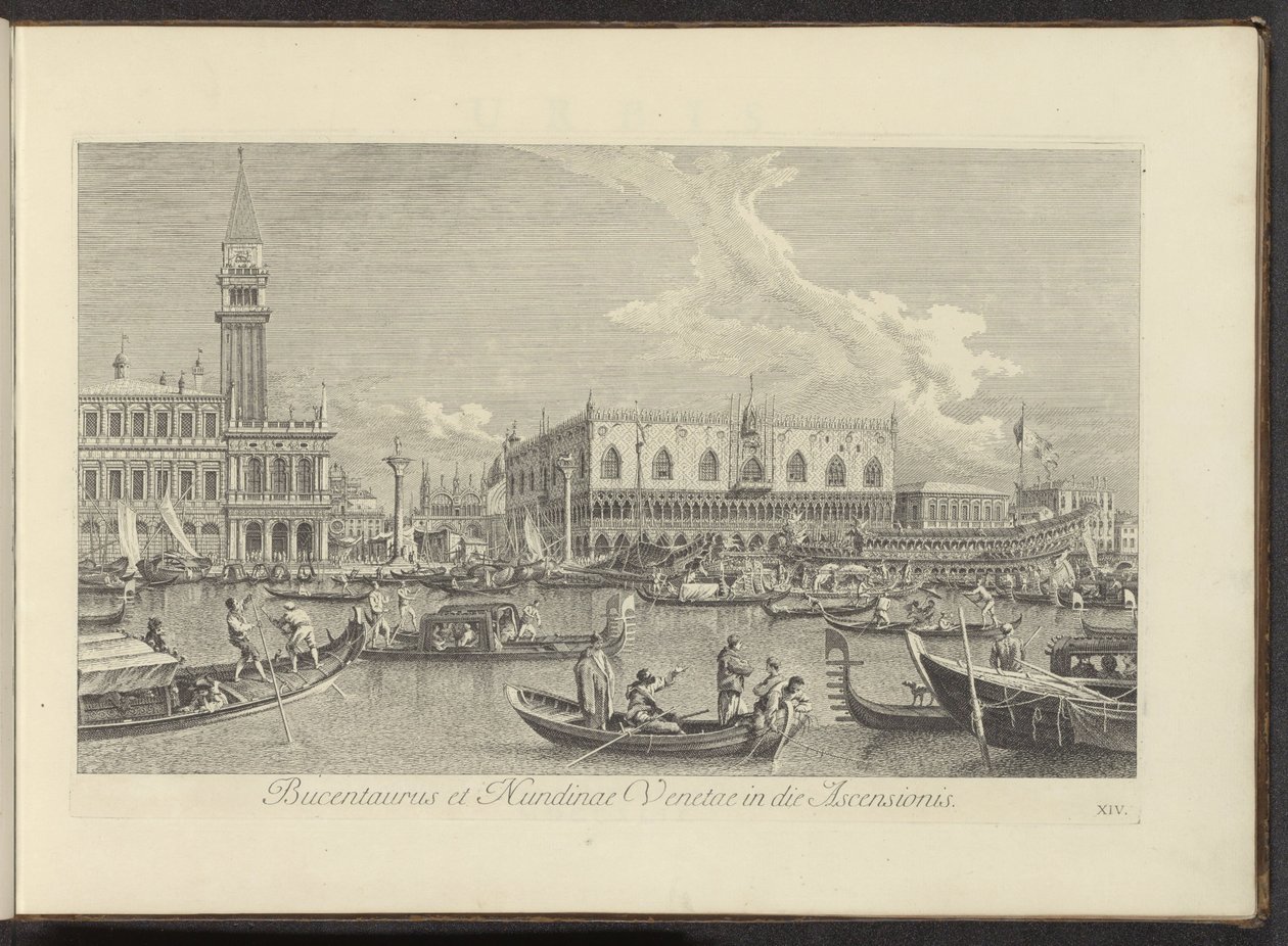 Gezicht op het Canal Grande te Venetië met de Bucintoro van de doge 昇天の日のブケンタウルスとヌンディネ ヴェネタエ (オブジェクトのタイトル) アントニオ ヴィッセンティーニがオンエアで印刷した、アントニウス カナルの 38 枚のパネルからのベニスの街の最も有名な景色 作： アントニオ・ヴィセンティーニ