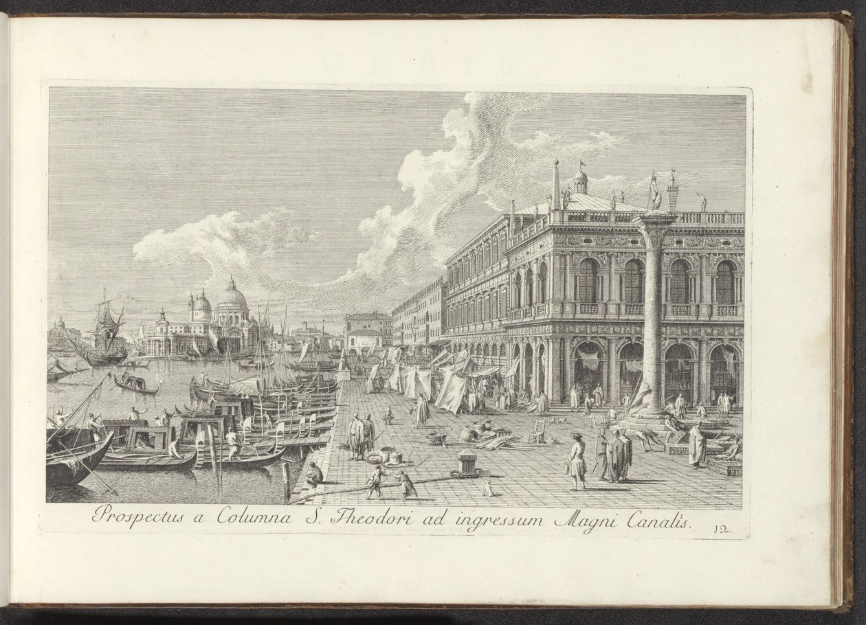 Hoek van het San Marcoplein met de Biblioteca Marciana 聖セオドアの柱から大運河の入り口までの眺め (オブジェクトのタイトル) アントニオ・ヴィッセンティーニがパーツ t で印刷した、アントニウス運河の真鍮製の 38 枚のパネルからの、ヴェネツィアの街の最も有名な景色 作： アントニオ・ヴィセンティーニ