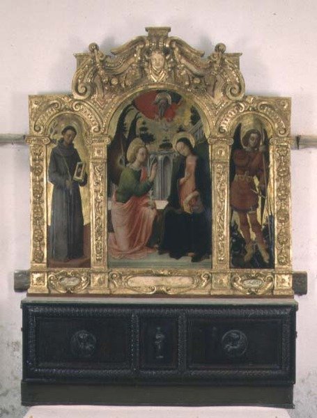 聖フランシスコと聖ミカエルの受胎告知聖フランシスコと聖ミカエルのいる受胎告知（パネルにテンペラ 作： アントニオ・ビバリーニ