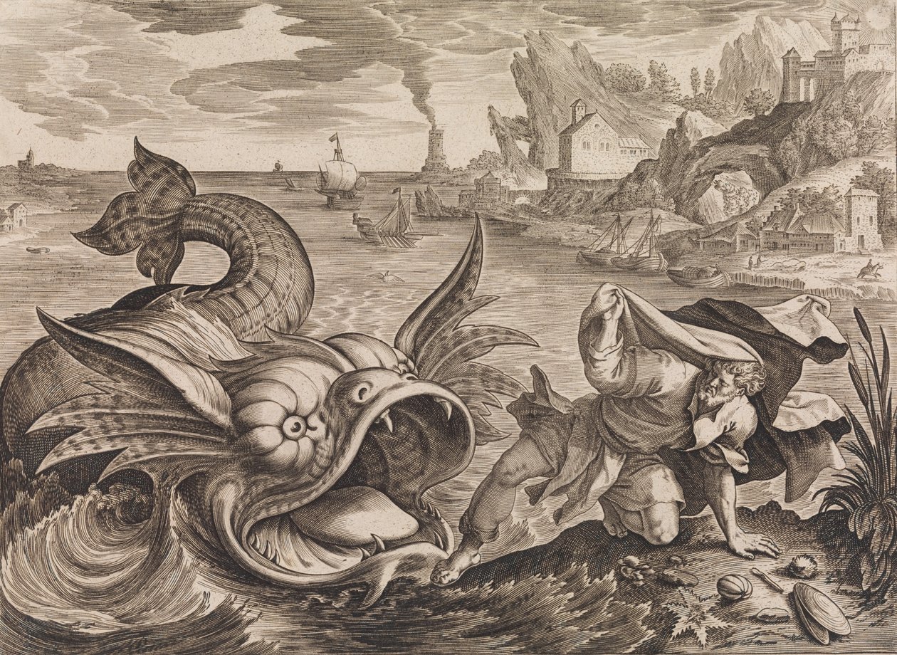 ジョナ・キャスト・オン・ショア・バイ・ザ・フィッシュ、約。 1585年 作： アントニウス・ウィリックス