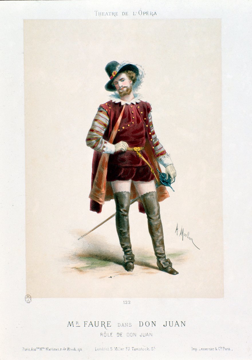 ヴォルフガング・アマデウス・モーツァルト（1756-1791）の同名のオペラ「ドン・ジョヴァンニ」（Don Giovanni）をパリのオペラ劇場で上演中の歌手ジャン＝バティスト（Jean Baptiste）・フォール（1830-1914）。アントニー・モーロン（1834-1914）のリトグラフ。 作： アントニー・ポール・エミール・モロン