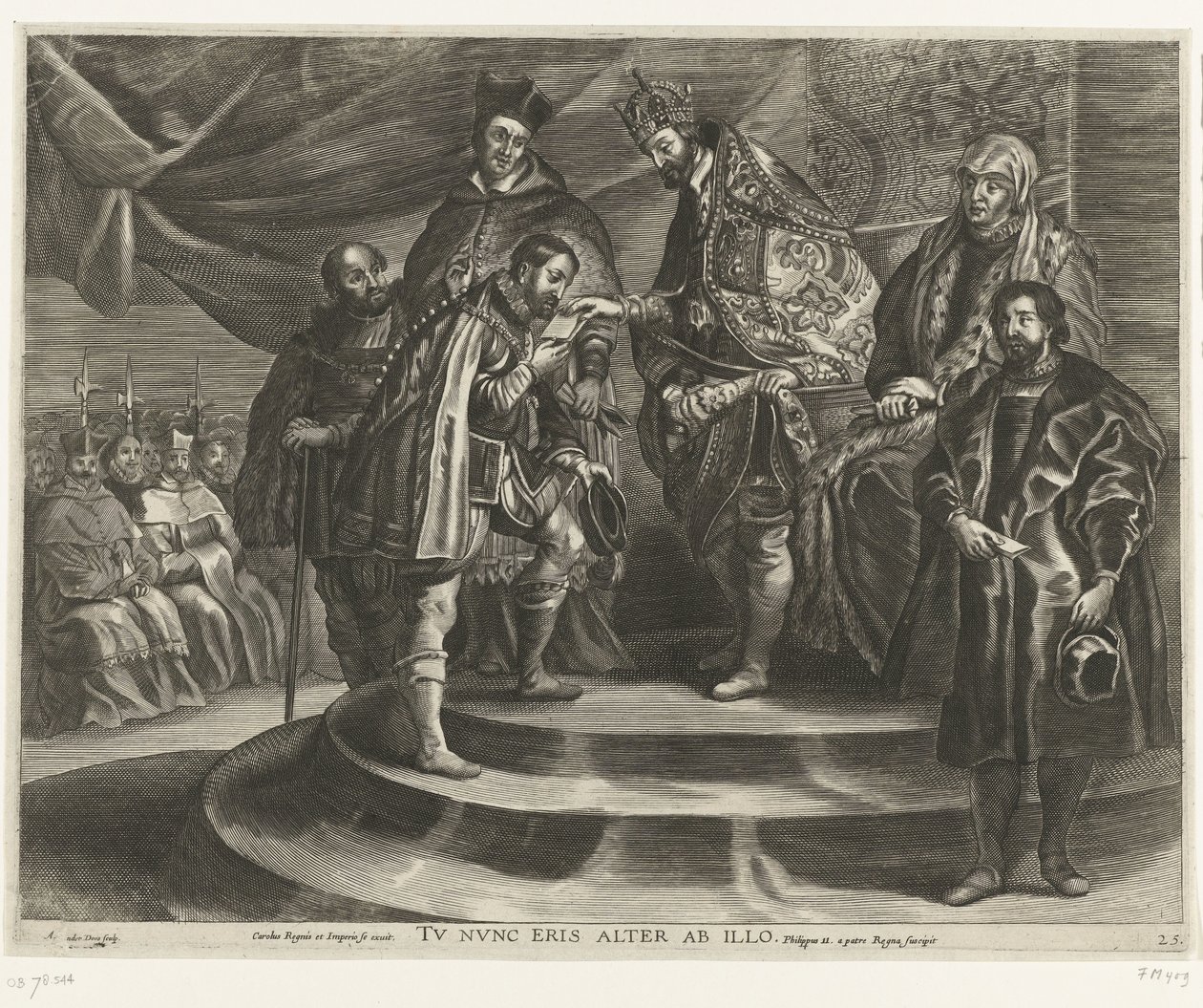 Troonsafsand van Karel V; incht van Ferdinand te Gent、1635 年 (blad 25) チャールズは王国と帝国を剥奪した / あなたは今や彼に次ぐだろう / フィリップ2世は父親から王国を奪う (オブジェクトの称号) 作： アントニー・ファン・デル