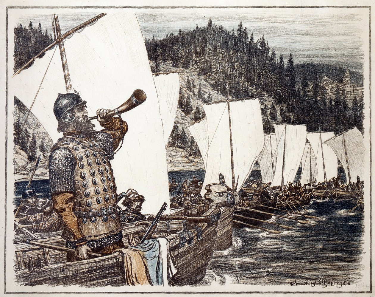 イルティシュ川のイェルマク・ティモフェヴィッチ (1540～1585 年頃)。 （IrtyshのYermak Timopheyevich）。 1583 年、シベリアの探検と征服のエピソード。Appolinari Mikhaylovich Vasnetsov (1856-1933) 作、リトグラフ 1916 年。 ロシア美術、20 世紀 作： アポリナーリ・ミハイロヴィチ・ヴァスネツォフ
