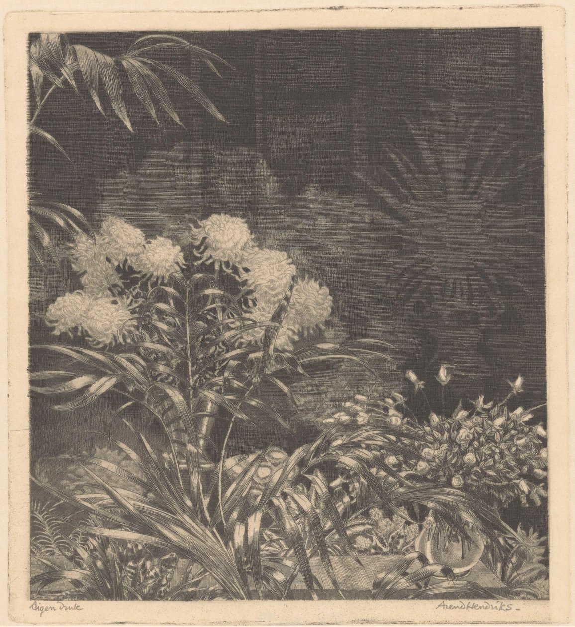 花瓶の花と鉢の植物のインテリア 作： Arend Hendriks（アーティストによる署名）