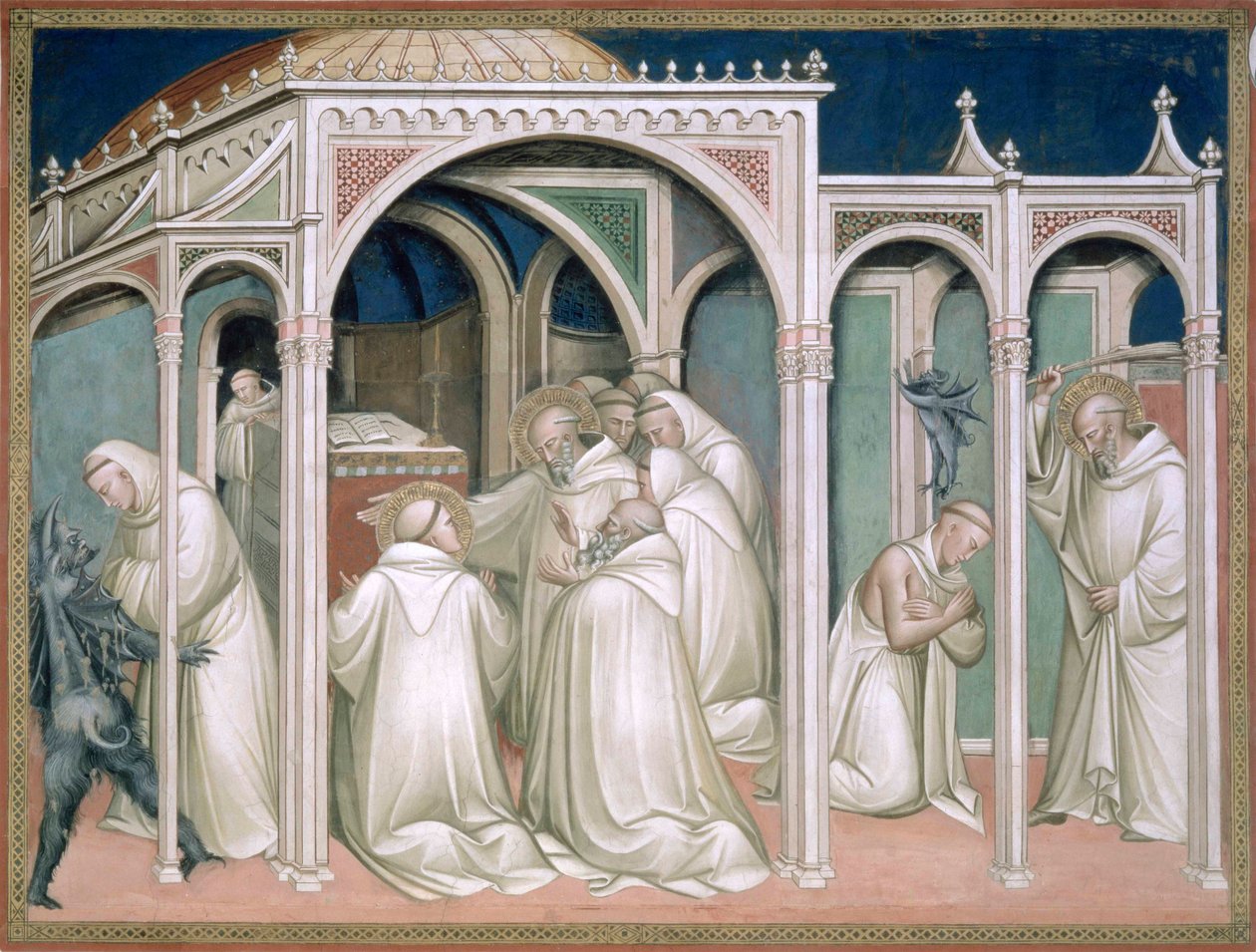 聖解放された僧侶、聖ベネディクトの生涯（c.480-c.550）の詳細、1387年 作： Aretino Luca SpinelloまたはSpinelli