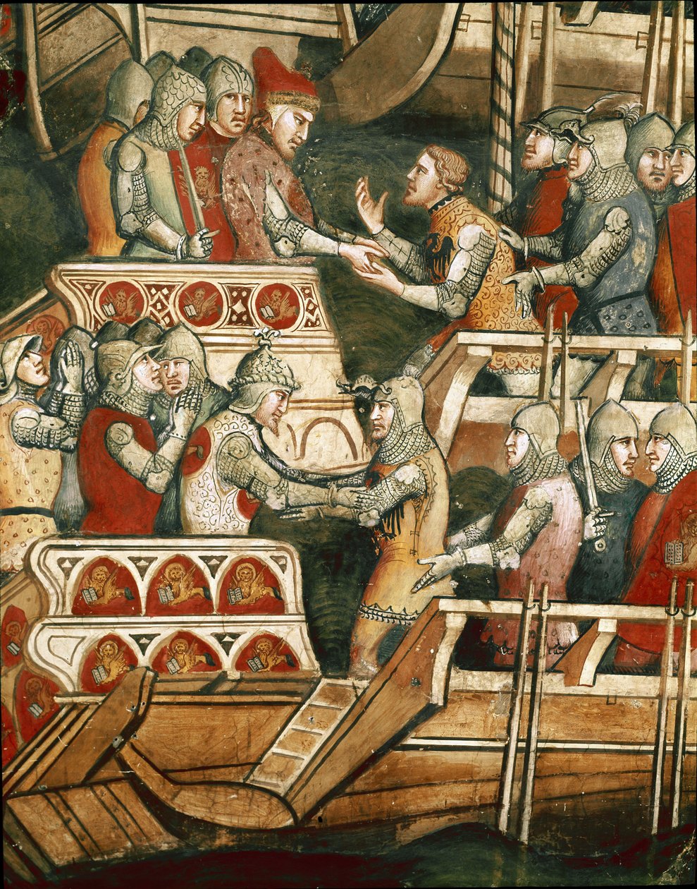 トリエステ湾のプンタ・サルヴォーレでの海戦。人質の交換の詳細（フレスコ画 作： Aretino Luca SpinelloまたはSpinelli
