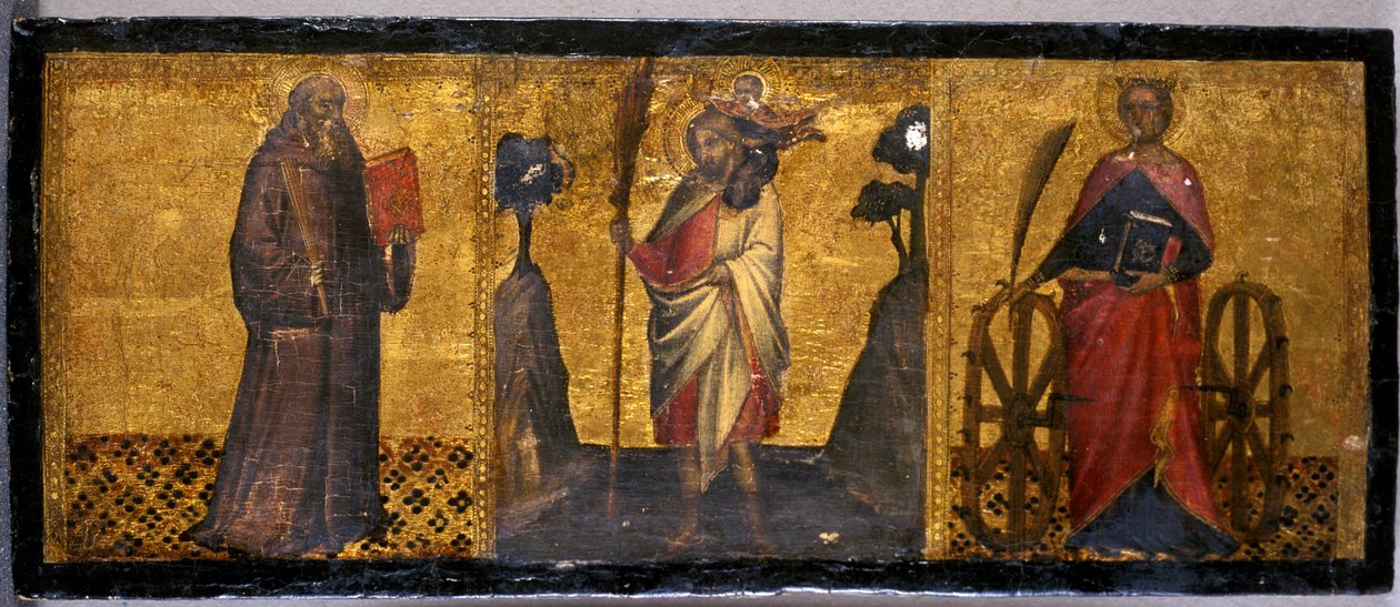セントベネディクト、セントクリストファー、セントキャサリン、1400年頃（ポプラの木のテンペラ） 作： Aretino Luca SpinelloまたはSpinelli