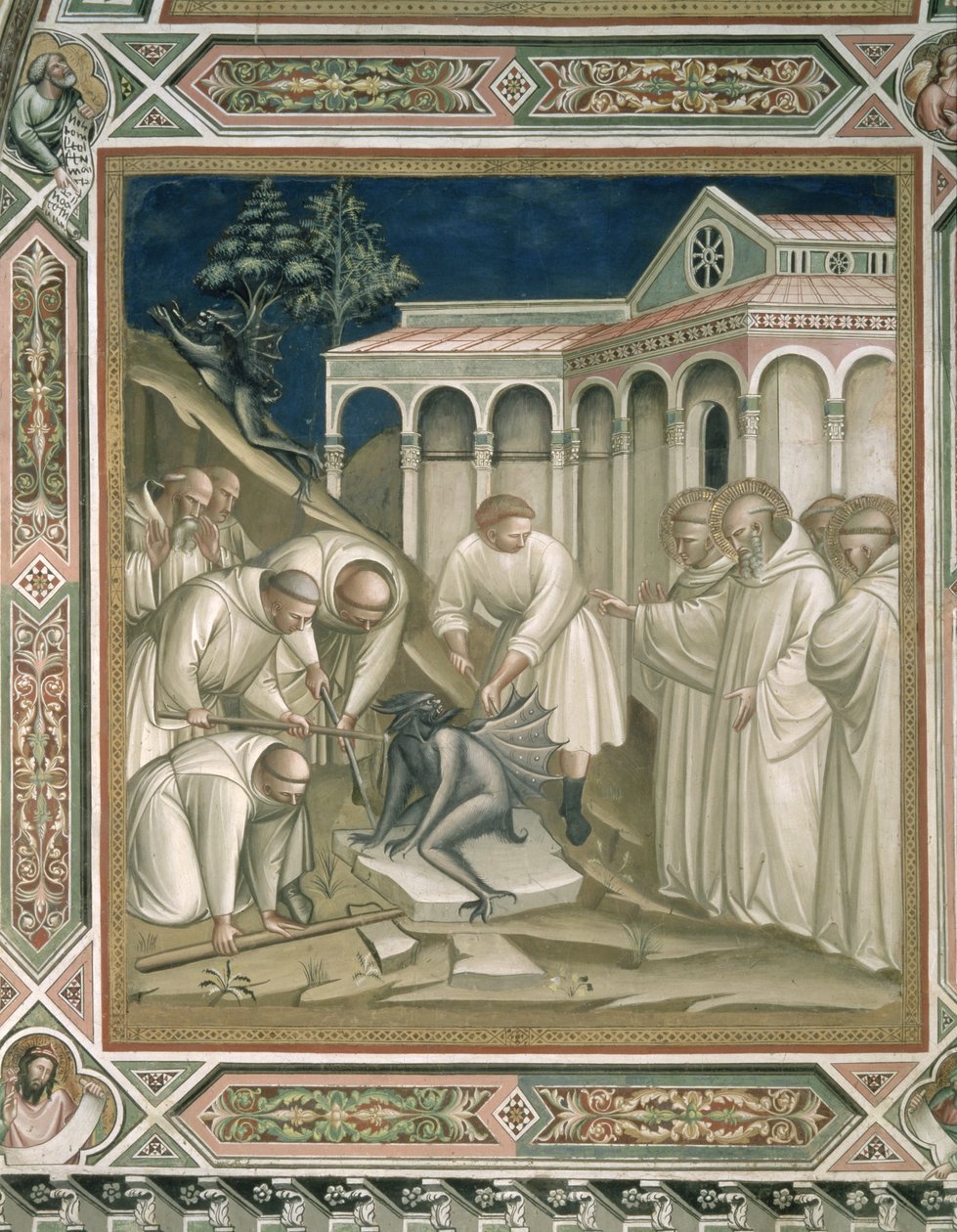 聖ベネディクトの生涯（c.480-c.550）の詳細、1387年の聖域にある重い石 作： Aretino Luca SpinelloまたはSpinelli