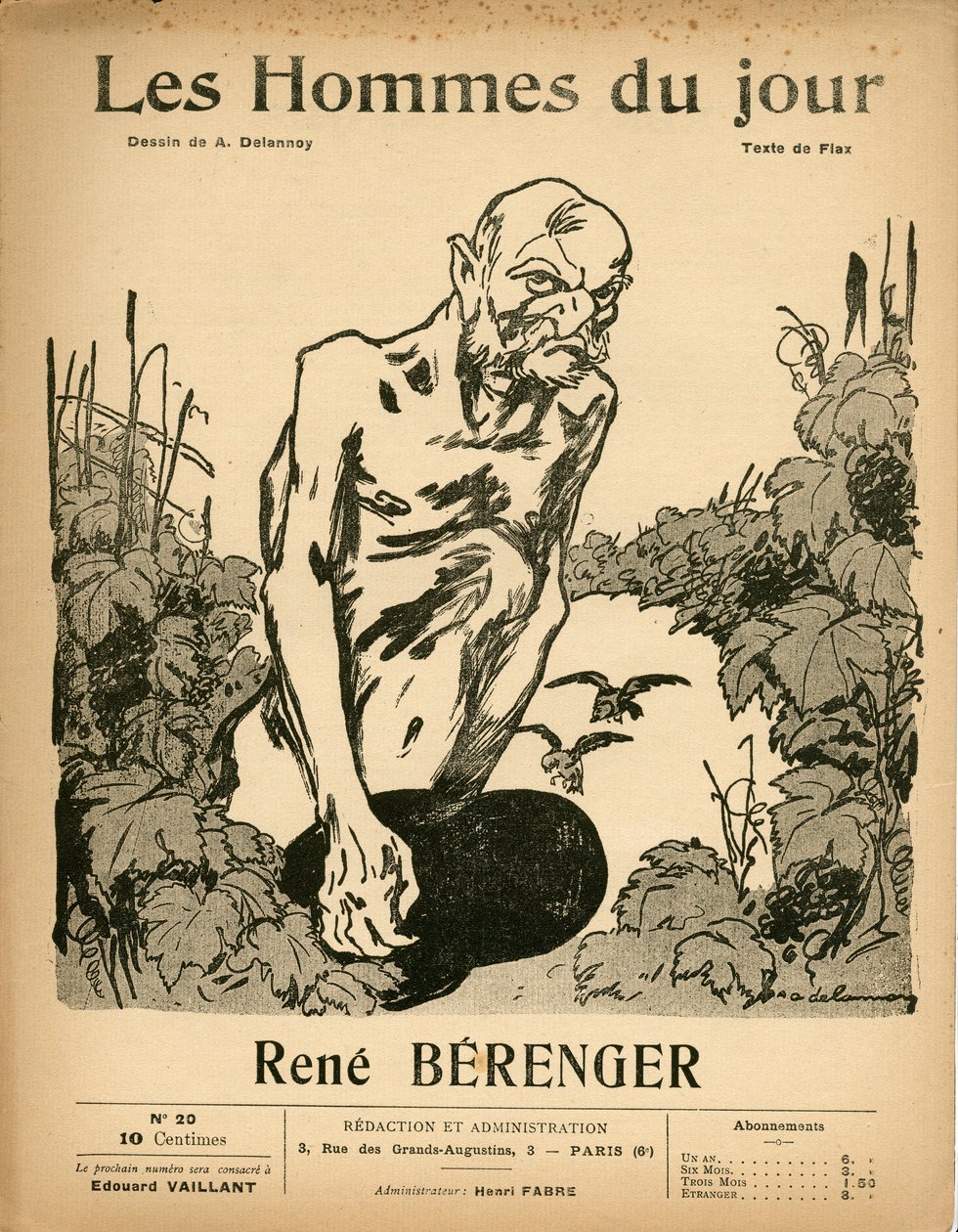 Les Hommes du jour "の表紙、Satirique en N & B, ca. 1909:検閲 - ベレンジャー・ルネ（1830-1915） - イラスト：アリスティド・ドラノワ（1874-1911 作： アリスティド・デラノイ