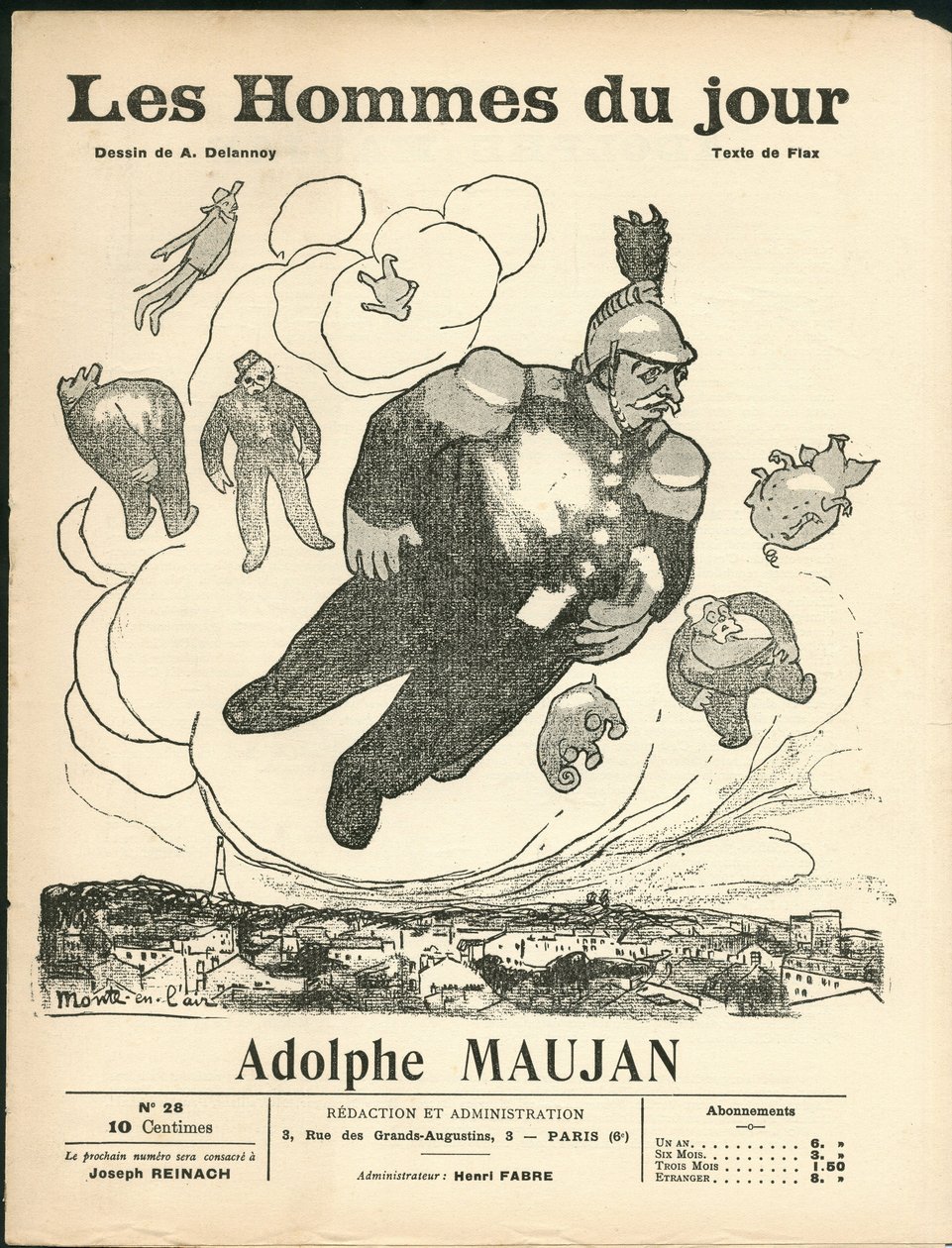Les Hommes du jour "の表紙、1905年頃 - Aristide Delannoy（1874-1911）によるイラスト。気球 - クレマンソー・ジョルジュ、ジャウル・ジャン、ファリエール・アルマン（1841-1931）、モージャン・アドルフ（1853-1914 作： アリスティド・デラノイ