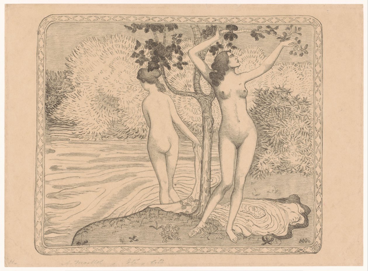 水辺の木の下で水浴びをする 2 人の女性 Deux baignuses nues sous un arbre au bord de l