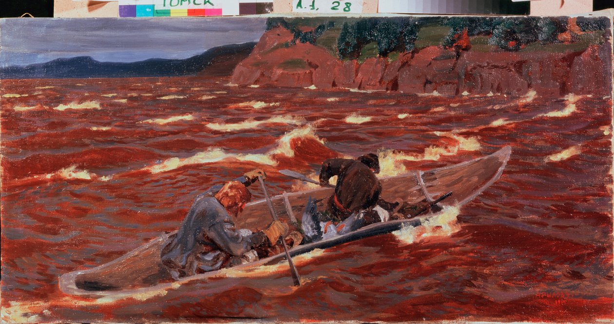 ボートで。 Arkadi（Arkady）Alexandrovich Rylov（1870-1939）による絵画、キャンバスに油彩 作： アルカディ・アレクサンドロビッチ・リロフ
