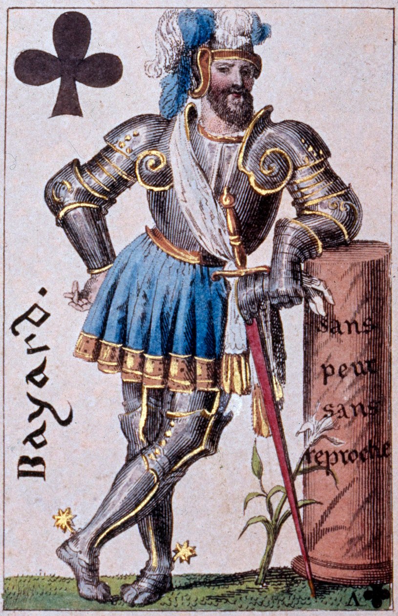 バイヤル公爵である騎士ピエール・テライユ（1476-1524）を表現したもの。Gustave Houbigant (1789-1862) 19世紀パリ B.N.製プレイカードの詳細。 作： アルマン・ギュスターヴ・フビガント