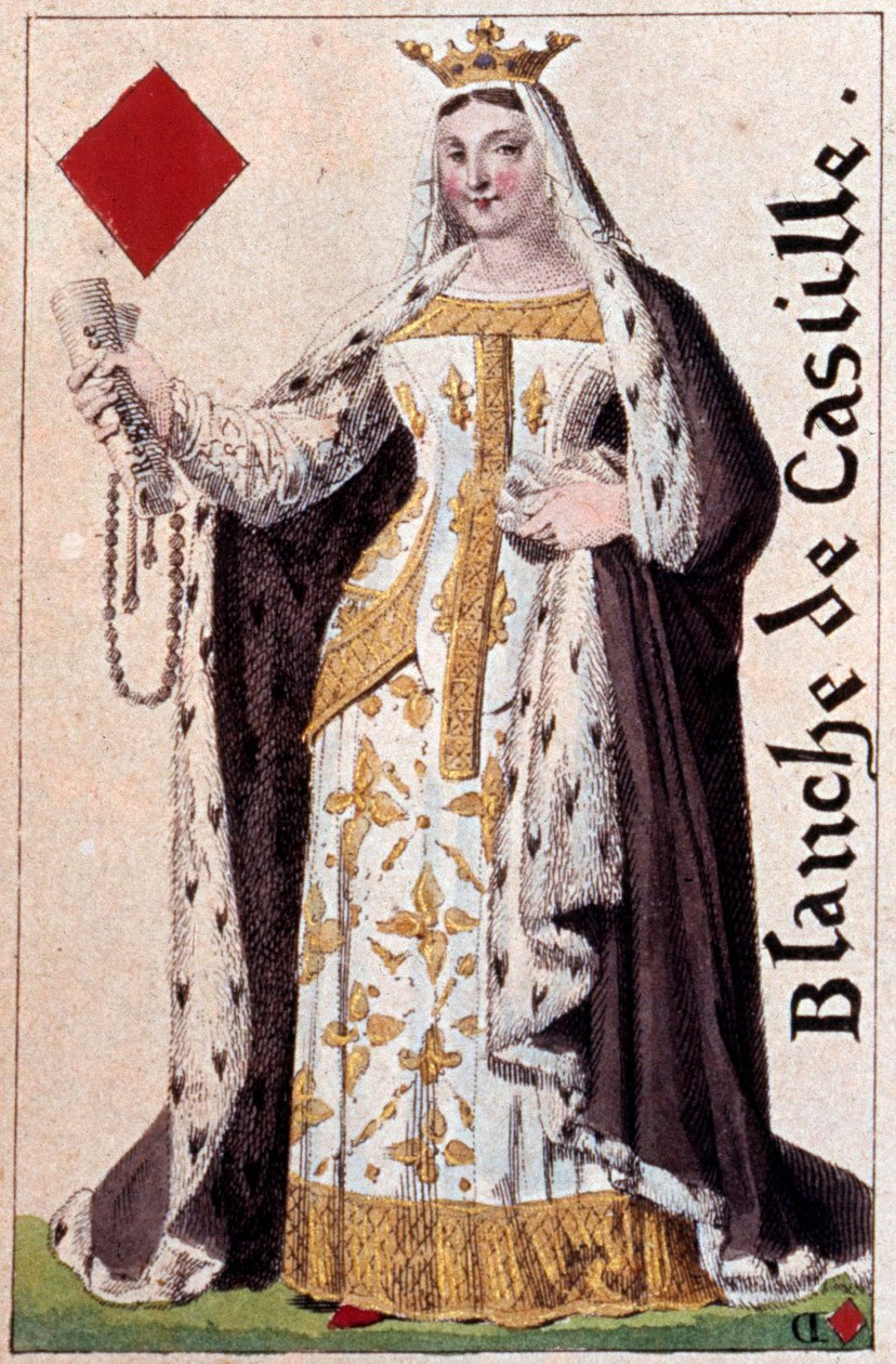 カスティーリャの白の女王（1188-1252）の表現。Gustave Houbigant (1789-1862) 19世紀パリ B.N.製プレイカードのディテール。 作： アルマン・ギュスターヴ・フビガント