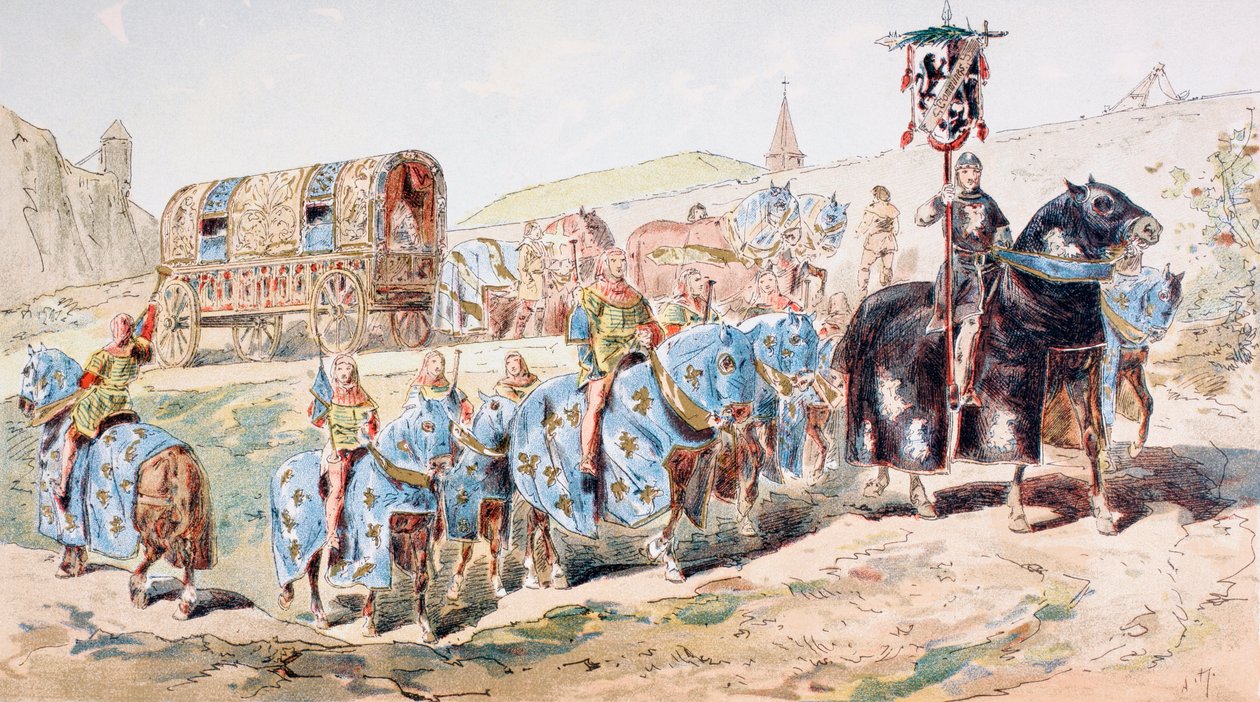 トランペット奏者が護衛する馬車に乗った貴族の女性（13世紀