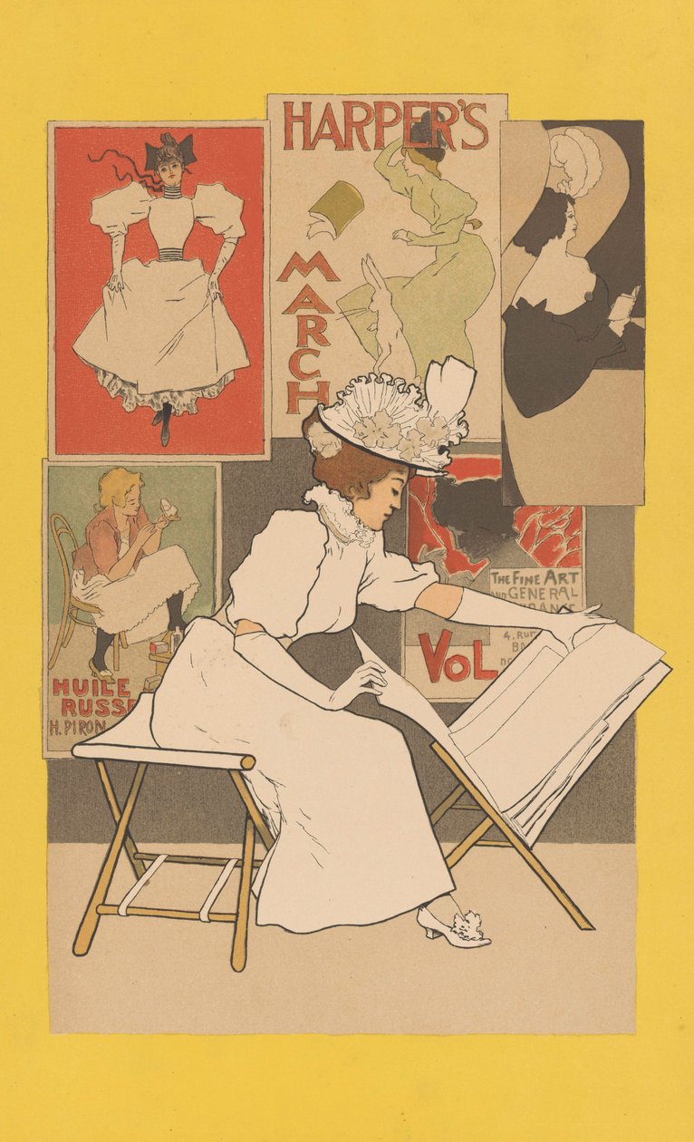 版画を見るスタンドに座った女性、1897年 作： アルマン・ラッサンフォッセ