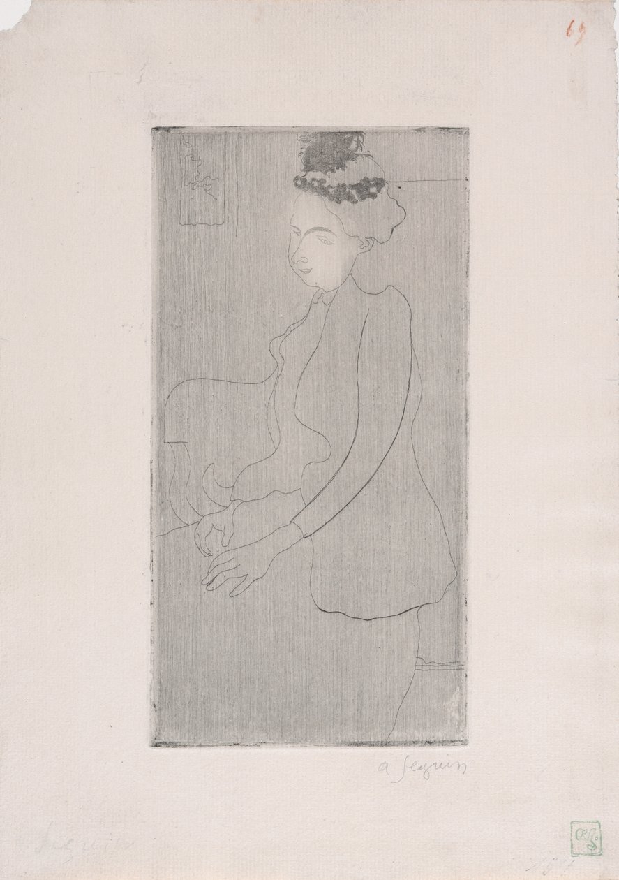 Femme assise avec chapeau a plumes (羽毛のついた帽子をかぶった着席の女性) c.1893 (エッチング) 作： アルマン・セガン