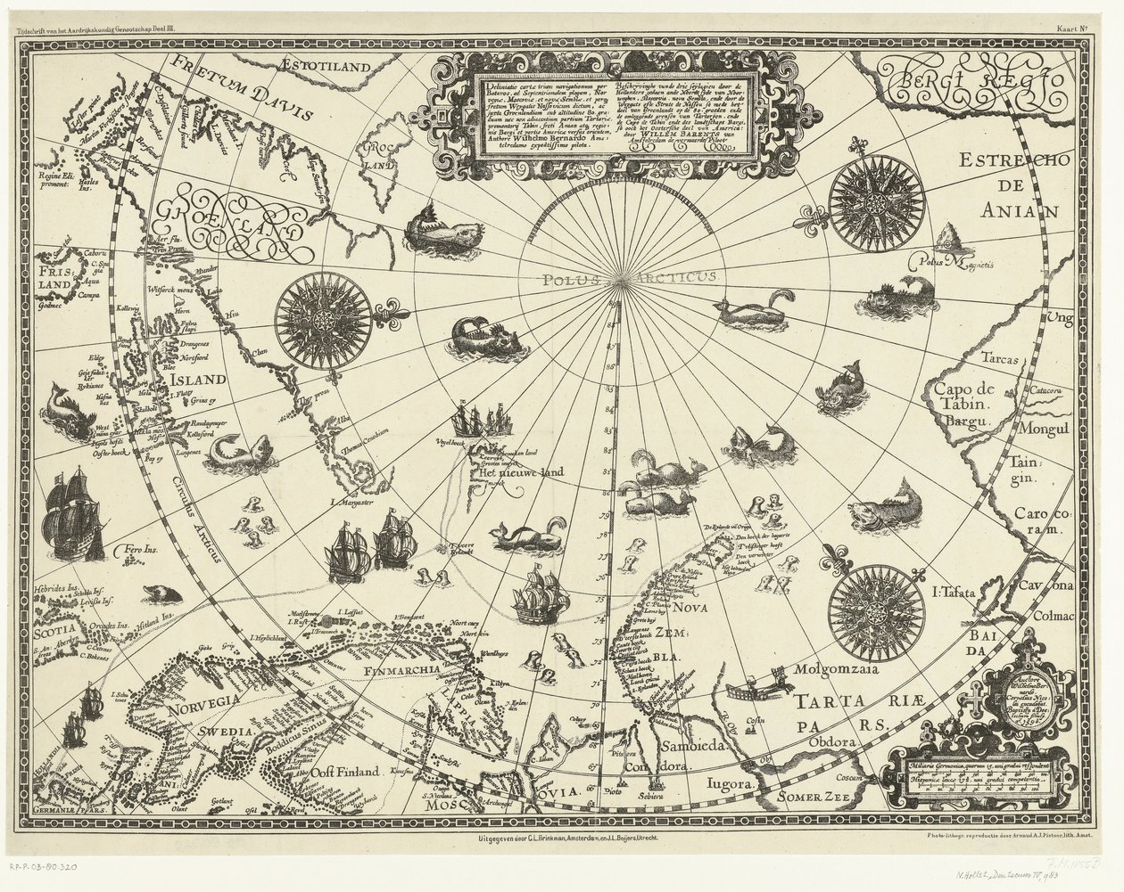 オランダ人の 3 回の航海を示す北極圏の国々の地図、1598 年 オランダのアンデ ノールト syde van Noorweghen、Moscovia、nova Sembla によって行われた 3 つの seylagien の説明は、80 度の Groenlandt の一部を通過します。 作： Arnaud AJ Pistoor